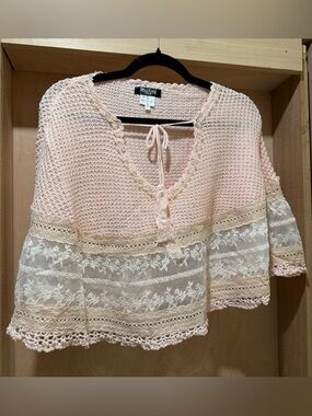 Miss Kelly Pink Crochet & Lace Tie-Front Sleeveless Cape Top Onesize NEW Boho
